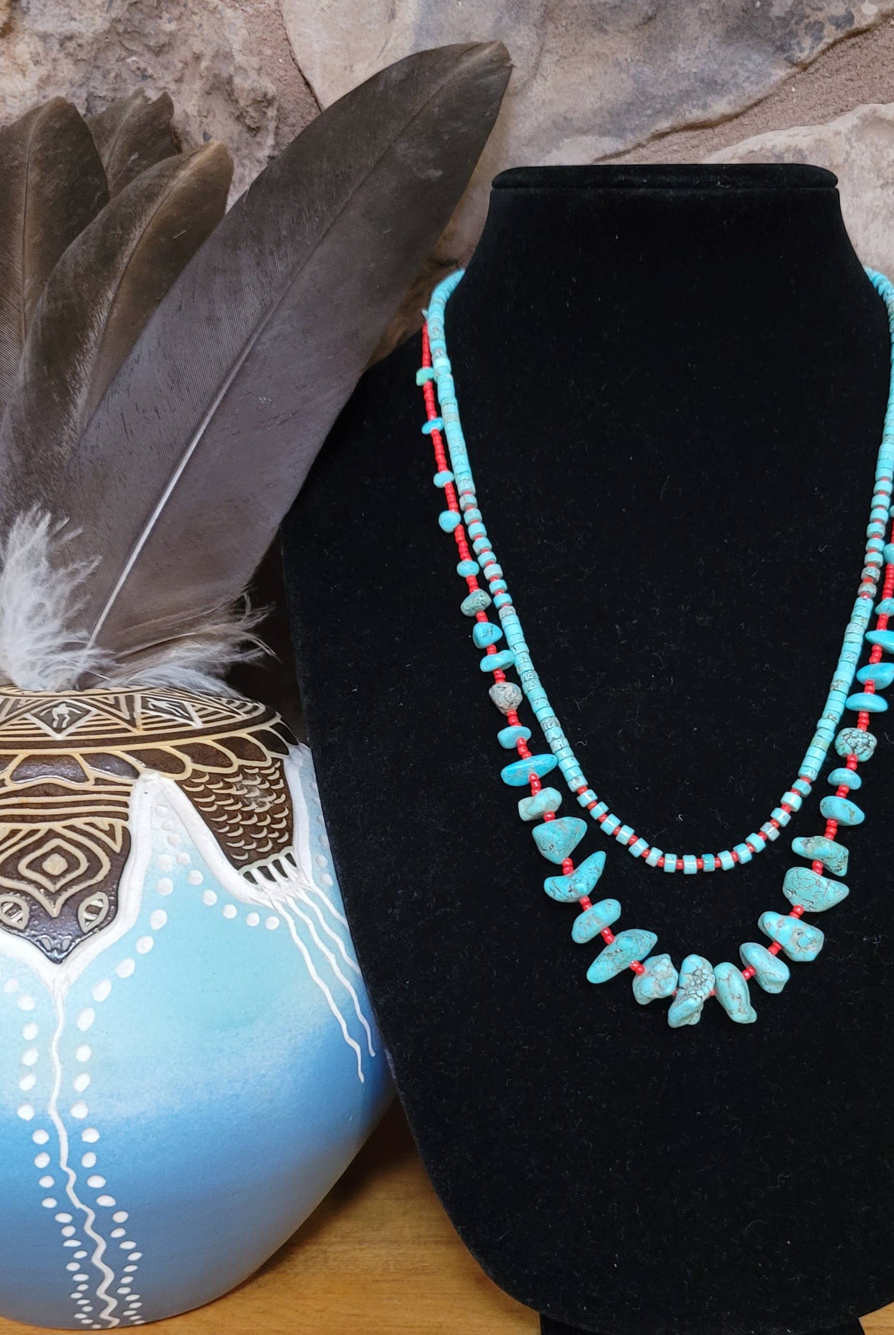 Case of 2 Turquoise, red glass bead necklaces, Native made-Necklaces-Horse Spirit Studio-Stuffology - Where Vintage Meets Modern, A Boutique for Real Women in Crosbyton, TX