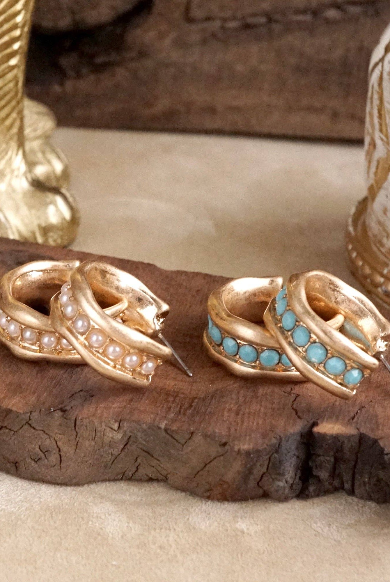 Minimalist Hoops with Faux Pearls or Turquoise – Brushed Gold-Earrings-PennyLine inc-Stuffology - Where Vintage Meets Modern, A Boutique for Real Women in Crosbyton, TX