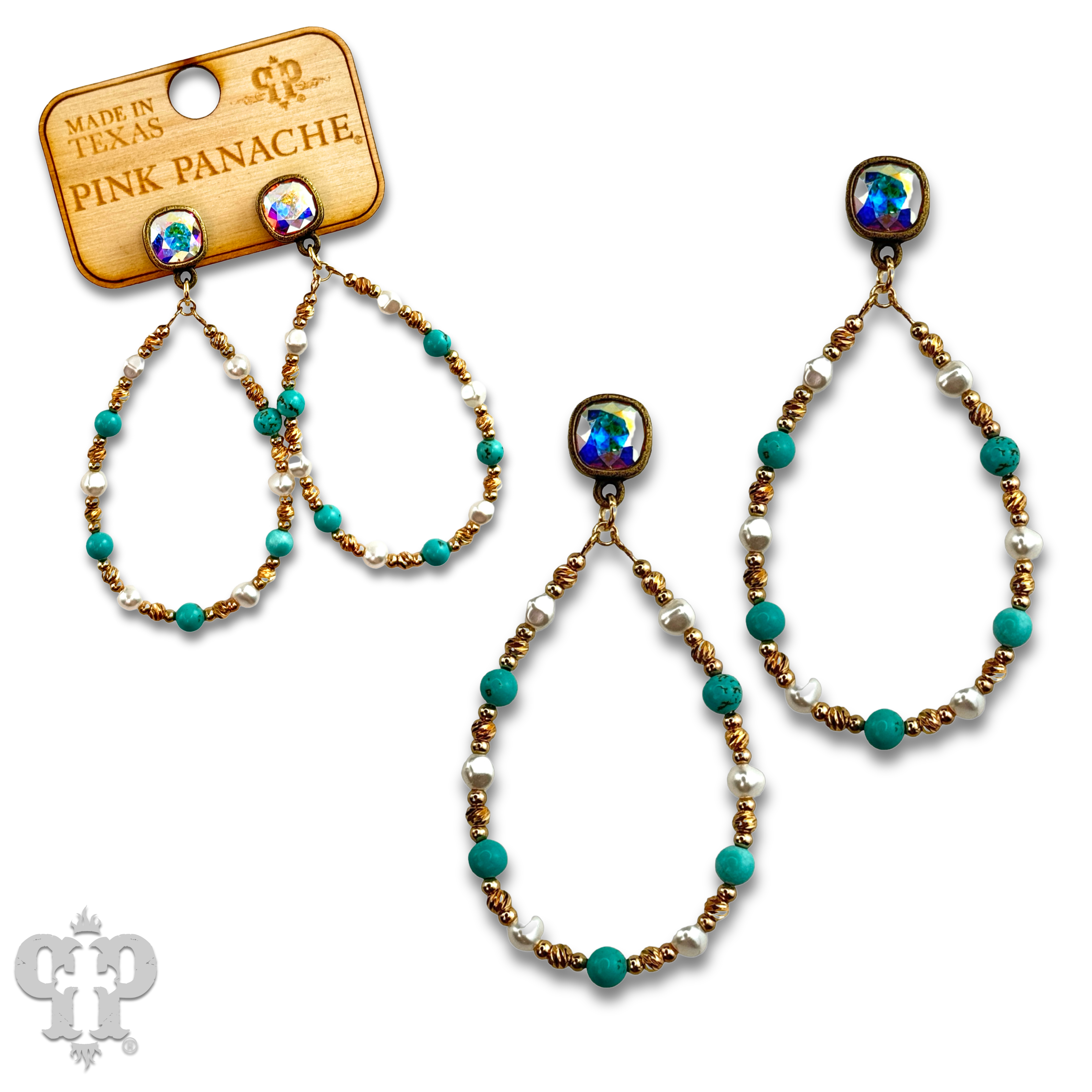 Turquoise and gold teardrop earring with Austrian crystal-Earrings-Pink Panache Brands-Stuffology - Where Vintage Meets Modern, A Boutique for Real Women in Crosbyton, TX