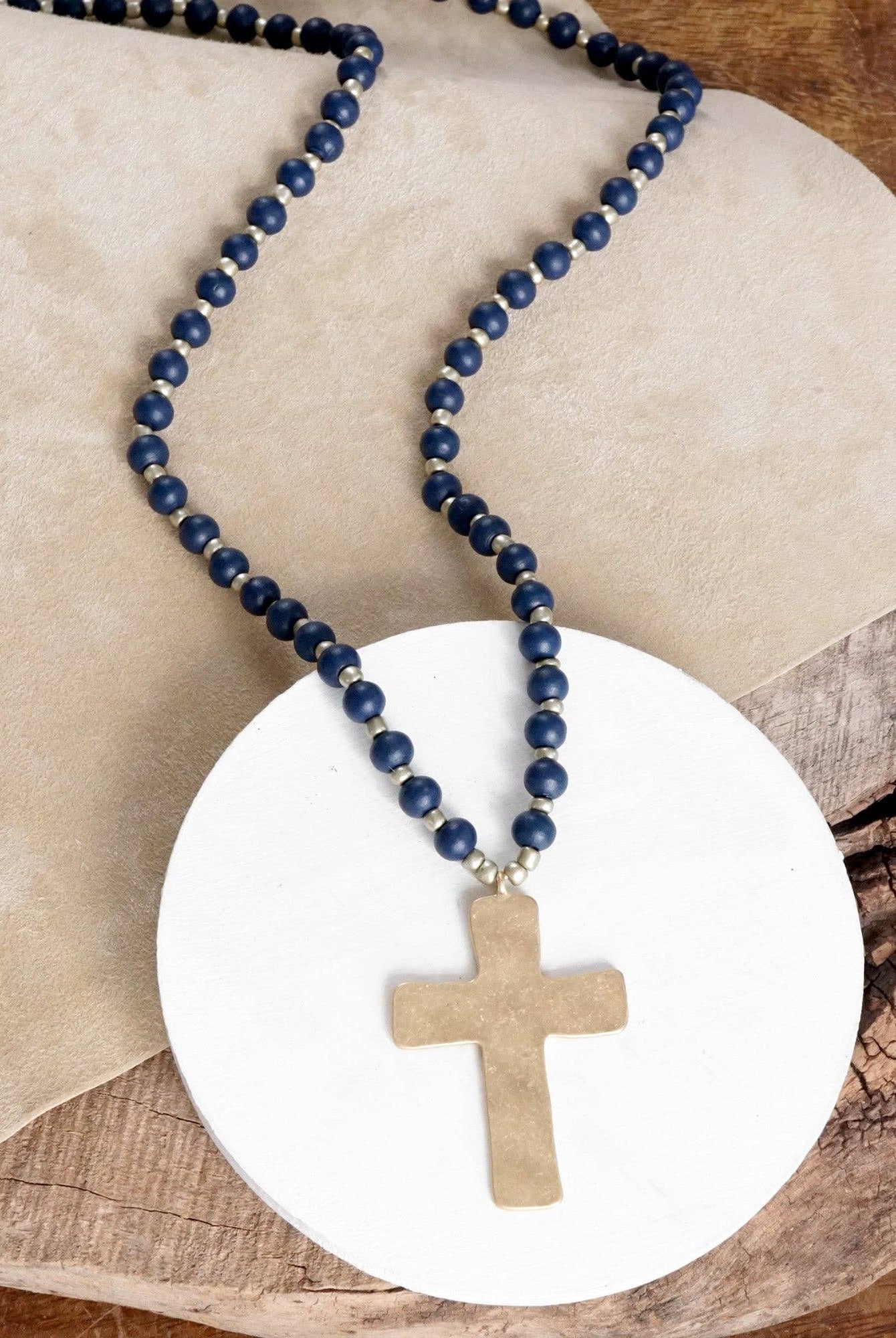 Long Wooden Bead Necklace with Gold Cross-Necklaces-PennyLine inc-Stuffology - Where Vintage Meets Modern, A Boutique for Real Women in Crosbyton, TX