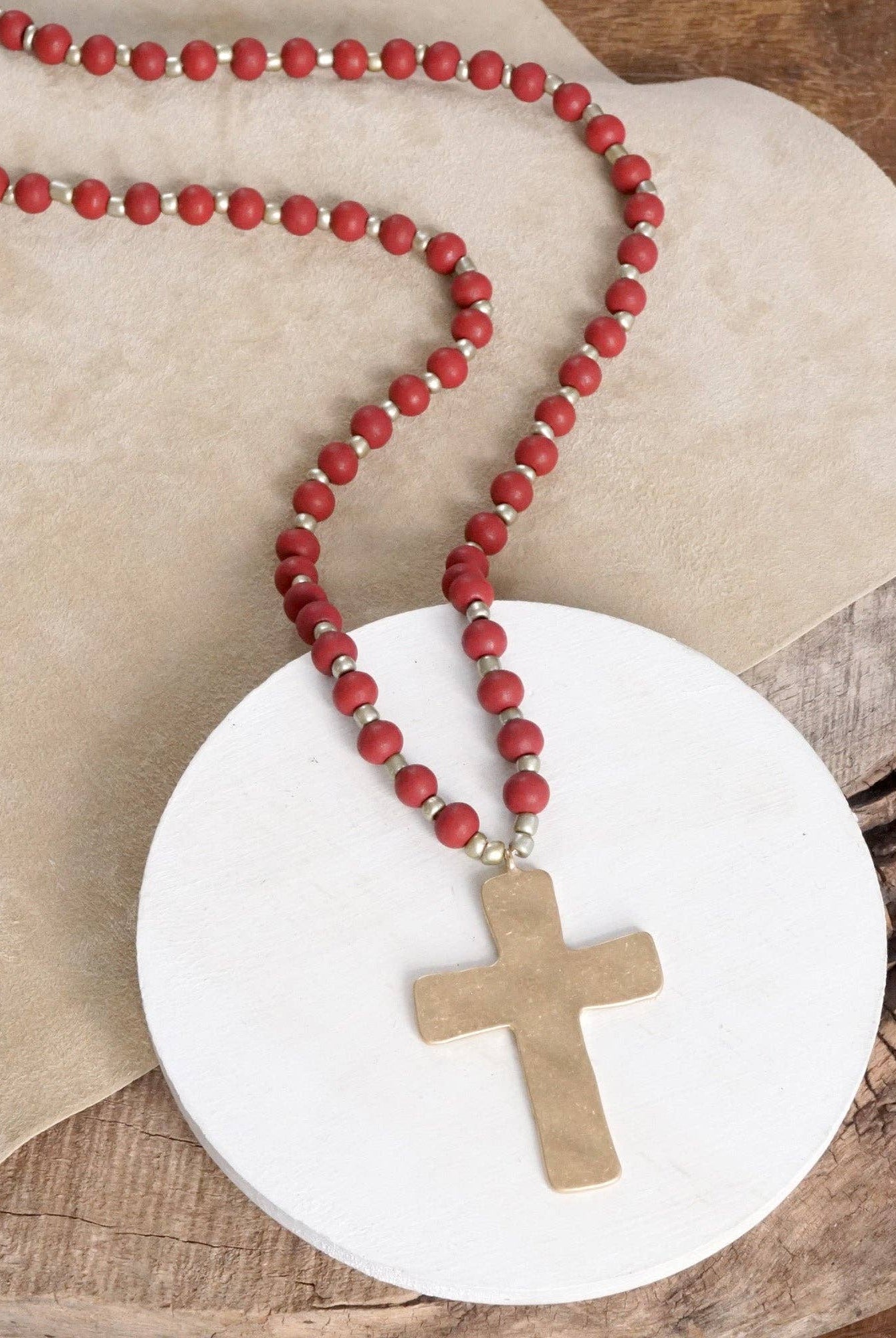 Long Wooden Bead Necklace with Gold Cross-Necklaces-PennyLine inc-Stuffology - Where Vintage Meets Modern, A Boutique for Real Women in Crosbyton, TX
