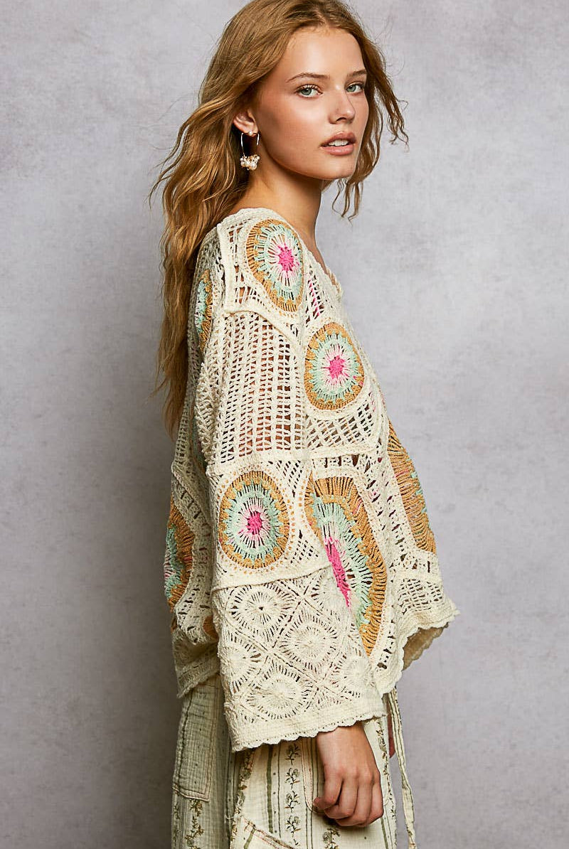 V-Neck Granny Circle Motif Scalloped Edge Crochet Top-Crochet Top-Pol Clothing-Stuffology - Where Vintage Meets Modern, A Boutique for Real Women in Crosbyton, TX