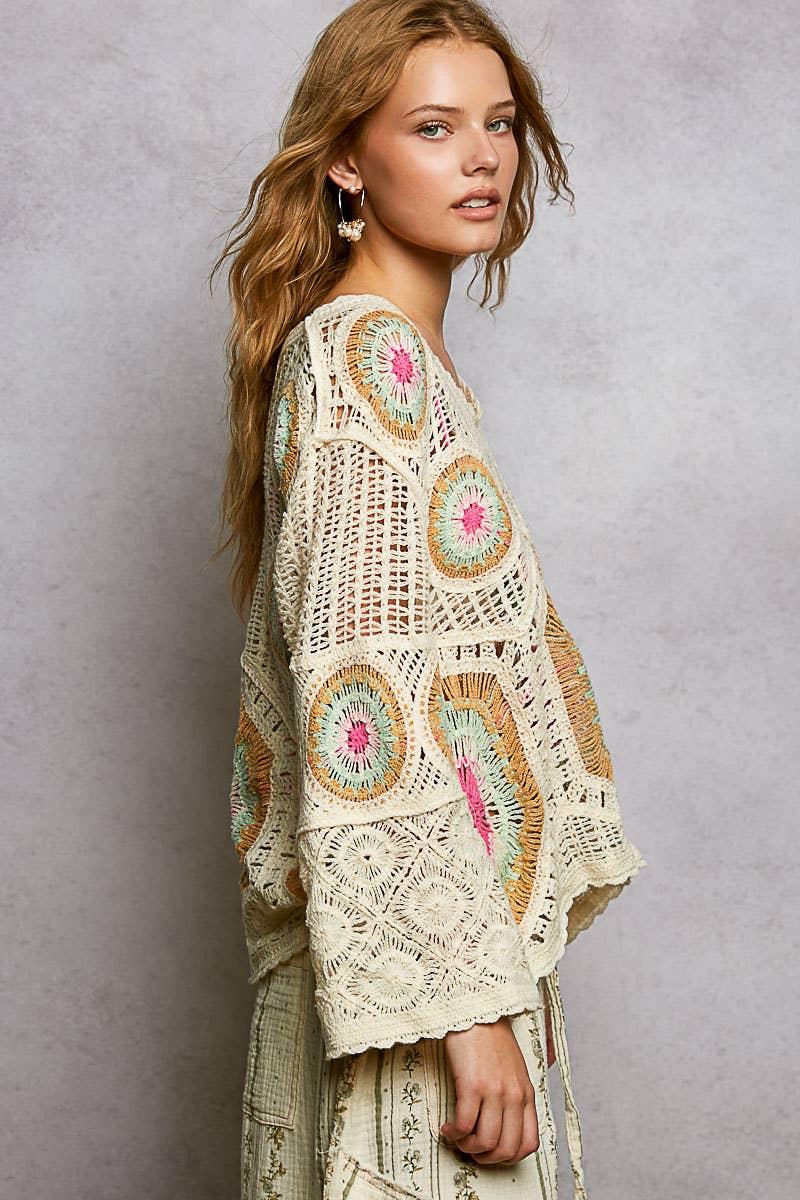 V-Neck Granny Circle Motif Scalloped Edge Crochet Top-Crochet Top-Pol Clothing-Stuffology - Where Vintage Meets Modern, A Boutique for Real Women in Crosbyton, TX