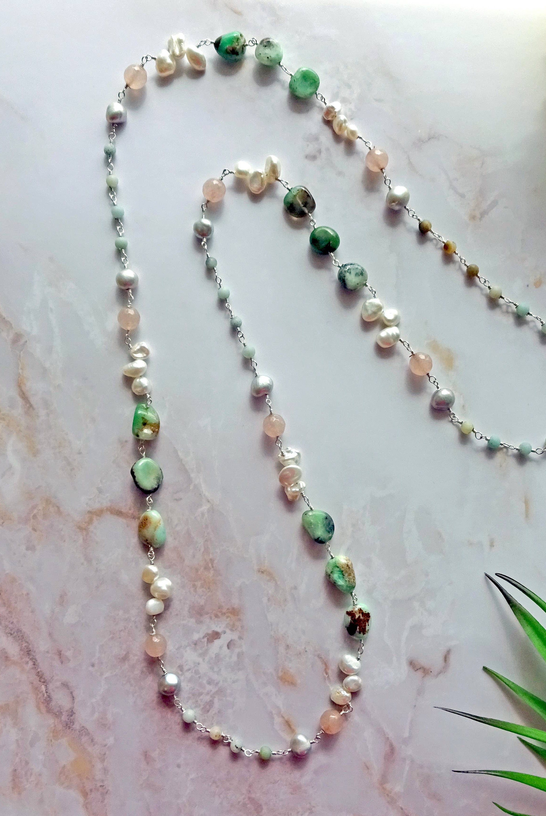 Chrysoprase & Cultured Pearl Long Necklace-Necklaces-IST Jewelry-Stuffology - Where Vintage Meets Modern, A Boutique for Real Women in Crosbyton, TX