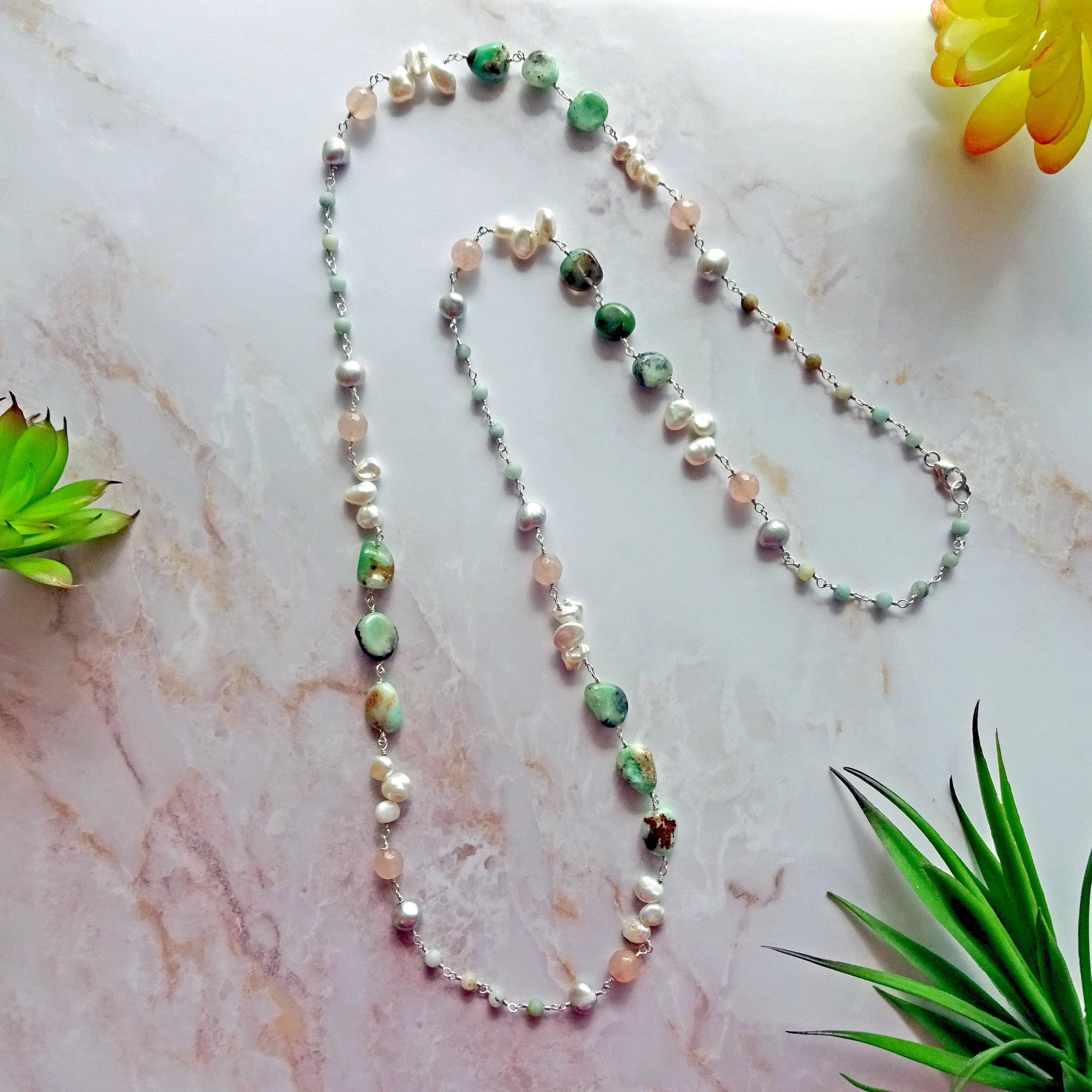 Chrysoprase & Cultured Pearl Long Necklace-Necklaces-IST Jewelry-Stuffology - Where Vintage Meets Modern, A Boutique for Real Women in Crosbyton, TX