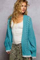 V neck lace trim solid acrylic sweater open cardigan top-Pol Clothing-Stuffology - Where Vintage Meets Modern, A Boutique for Real Women in Crosbyton, TX