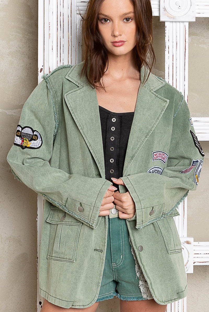 POL Clothing Vintage patch detail military blazer jacket-Jackets-Pol Clothing-Stuffology - Where Vintage Meets Modern, A Boutique for Real Women in Crosbyton, TX