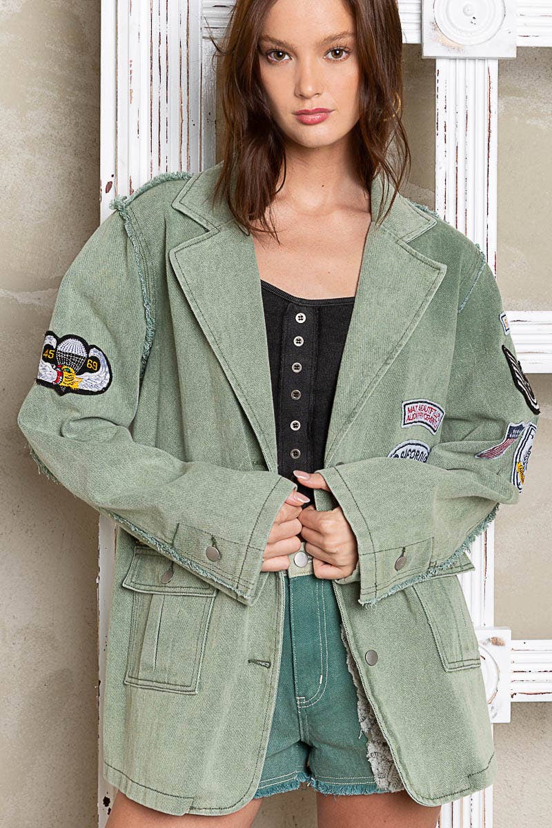 POL Clothing Vintage patch detail military blazer jacket-Jackets-Pol Clothing-Stuffology - Where Vintage Meets Modern, A Boutique for Real Women in Crosbyton, TX