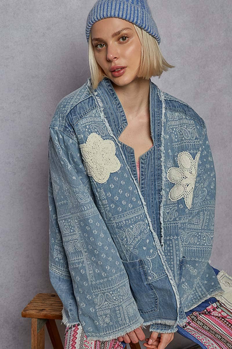 POL Clothing - Paisley pattern patch detail quilted woven twill jacket-Denim Jacket-Pol Clothing-Stuffology - Where Vintage Meets Modern, A Boutique for Real Women in Crosbyton, TX