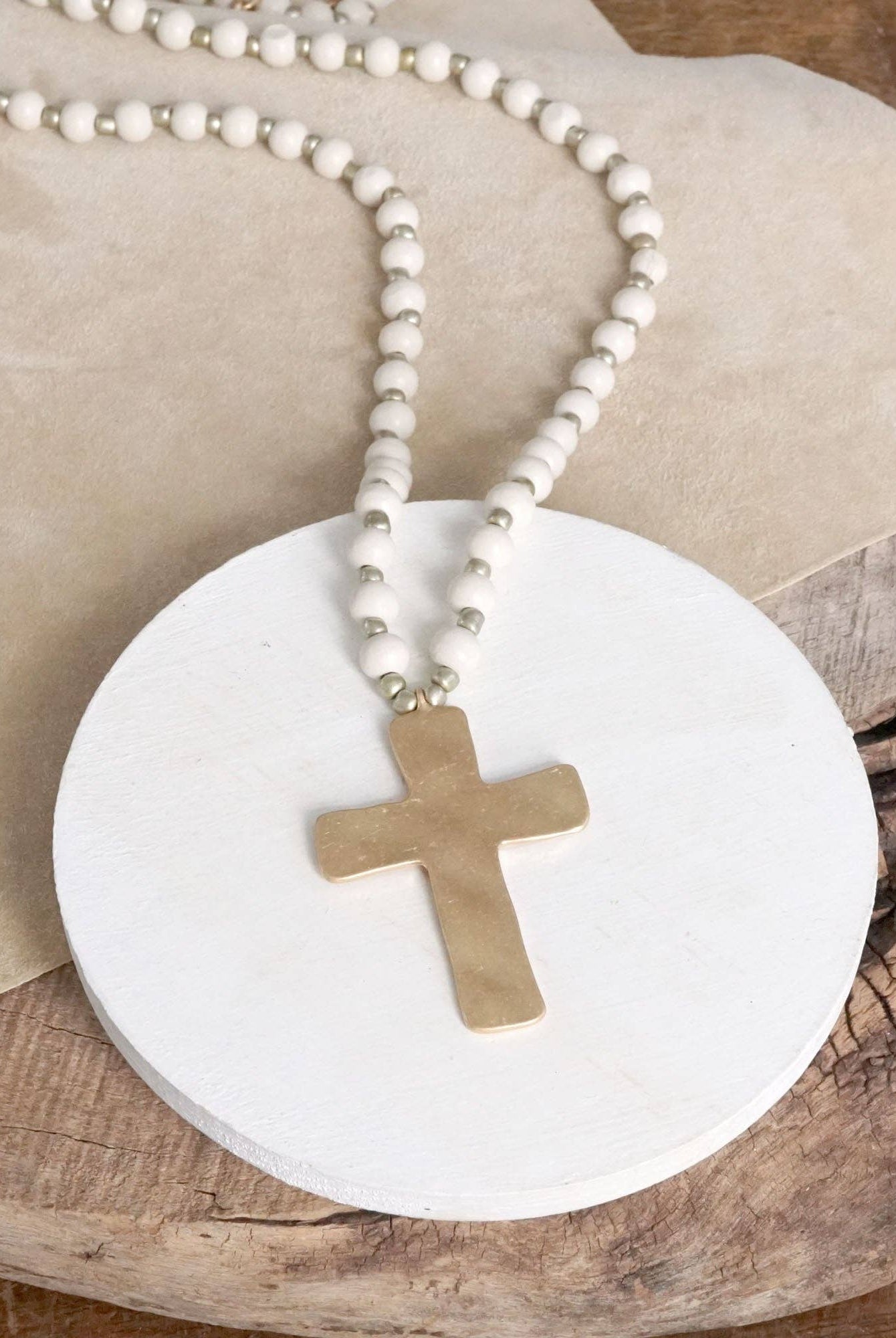 Long Wooden Bead Necklace with Gold Cross-Necklaces-PennyLine inc-Stuffology - Where Vintage Meets Modern, A Boutique for Real Women in Crosbyton, TX