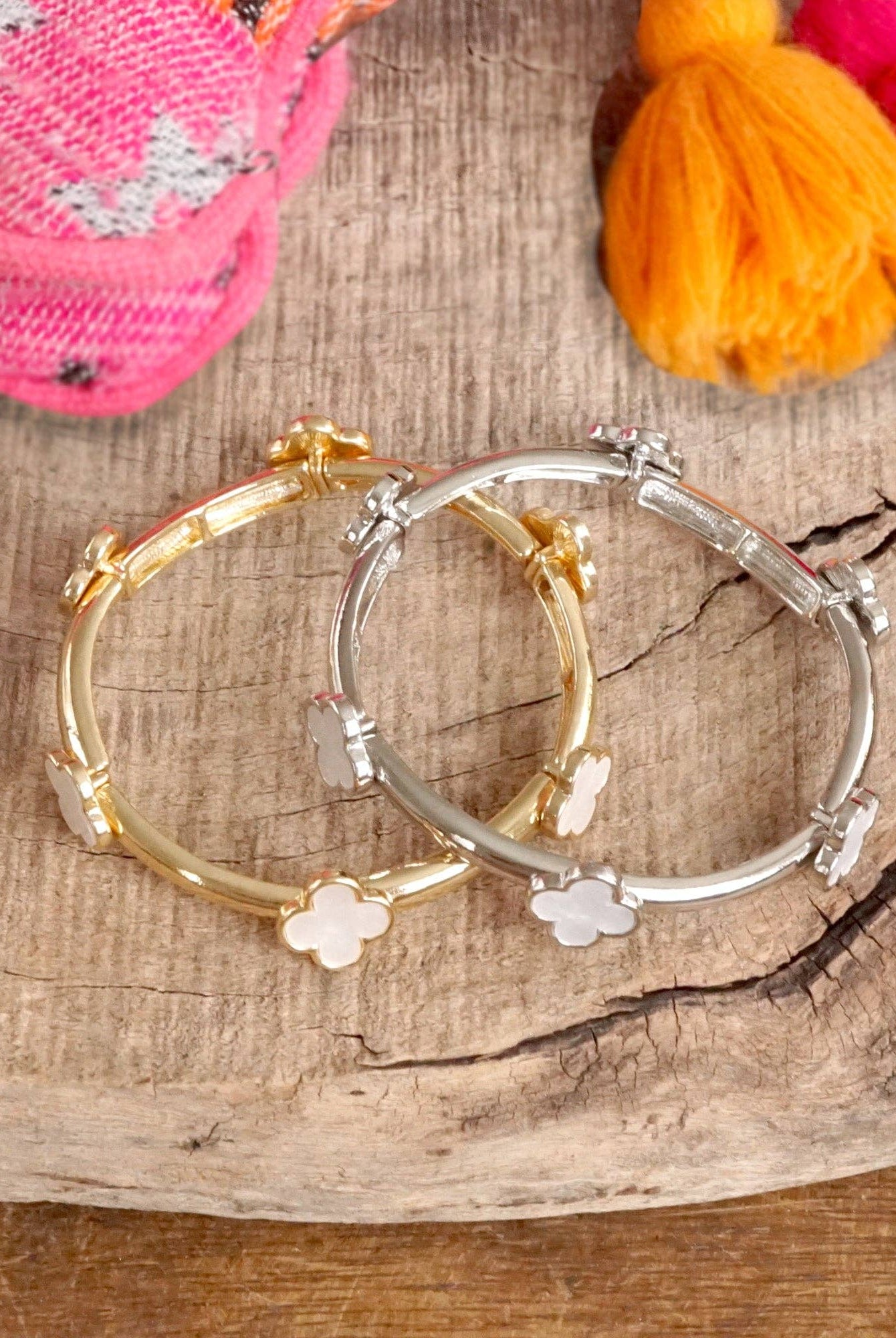Clover Stretchy Bangle Bracelet – Mother of Pearl in Gold or Silver Tone-PennyLine inc-Stuffology - Where Vintage Meets Modern, A Boutique for Real Women in Crosbyton, TX