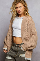 V neck lace trim solid acrylic sweater open cardigan top-Pol Clothing-Stuffology - Where Vintage Meets Modern, A Boutique for Real Women in Crosbyton, TX