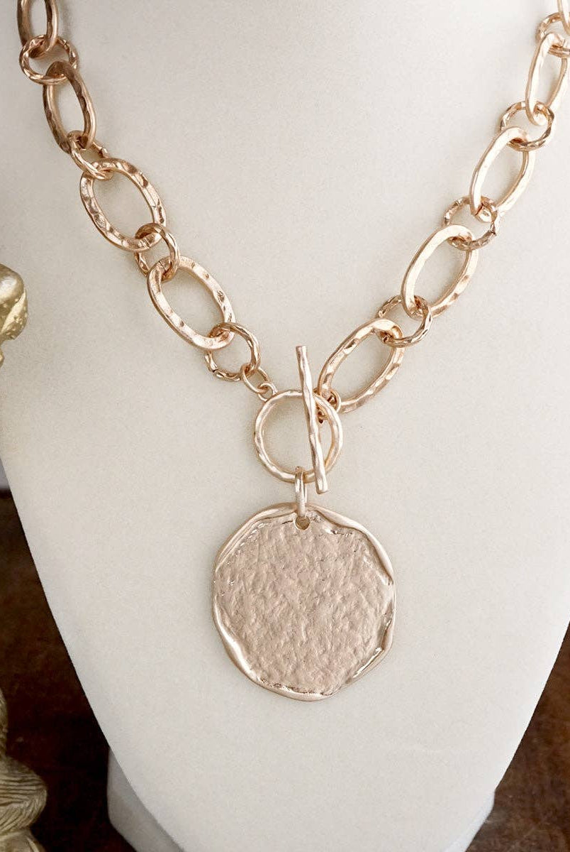 Nomad Glow – Front Toggle Statement Necklace with Hammered Disc-Necklaces-PennyLine inc-Stuffology - Where Vintage Meets Modern, A Boutique for Real Women in Crosbyton, TX