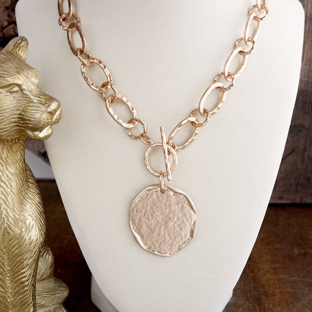Nomad Glow – Front Toggle Statement Necklace with Hammered Disc-Necklaces-PennyLine inc-Stuffology - Where Vintage Meets Modern, A Boutique for Real Women in Crosbyton, TX