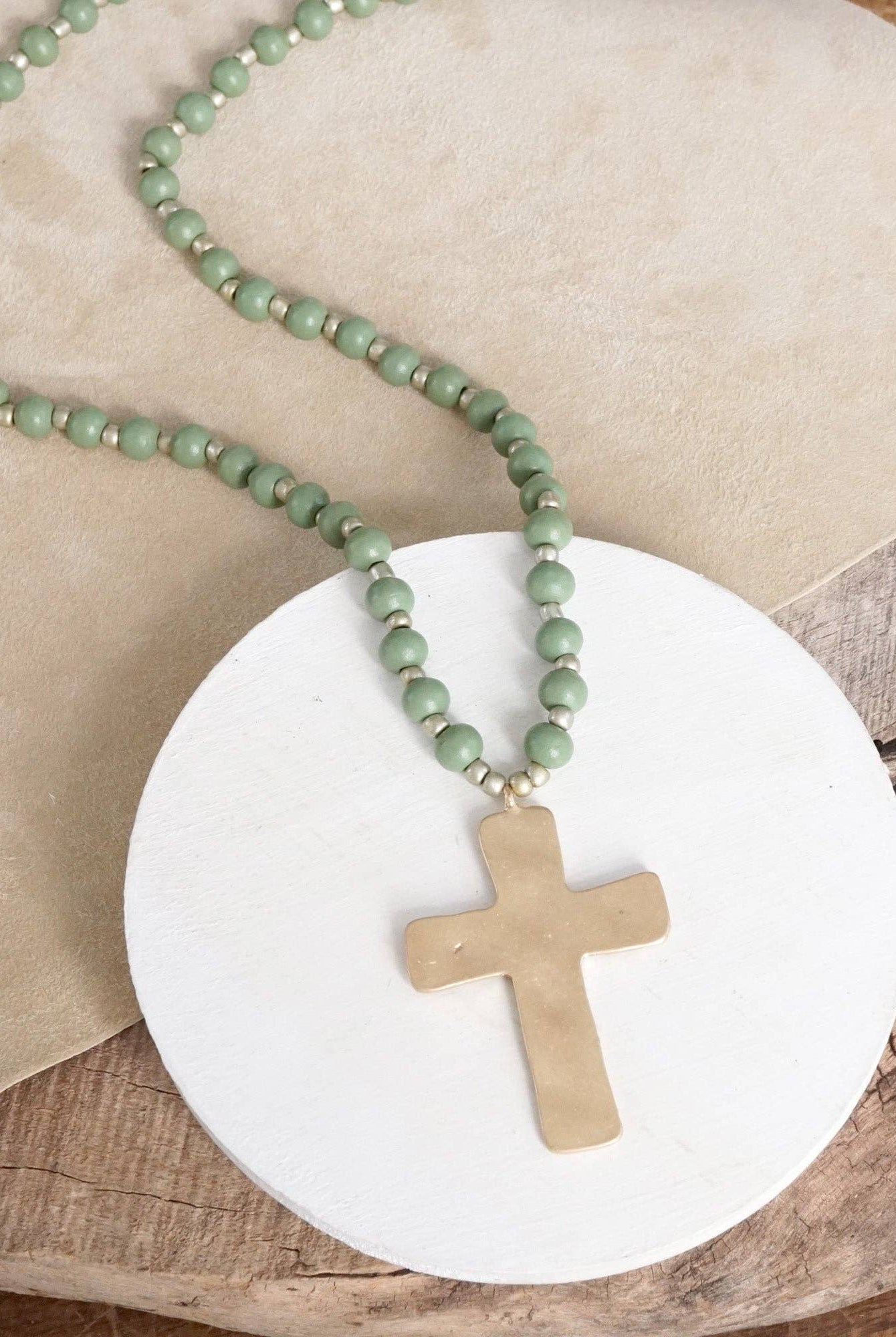 Long Wooden Bead Necklace with Gold Cross-Necklaces-PennyLine inc-Stuffology - Where Vintage Meets Modern, A Boutique for Real Women in Crosbyton, TX