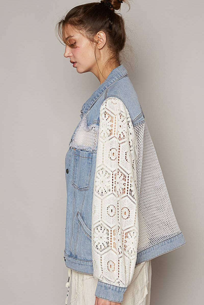 Oversize lace long sleeve crochet patches denim jacket-Shirt / Jacket-Pol Clothing-Stuffology - Where Vintage Meets Modern, A Boutique for Real Women in Crosbyton, TX