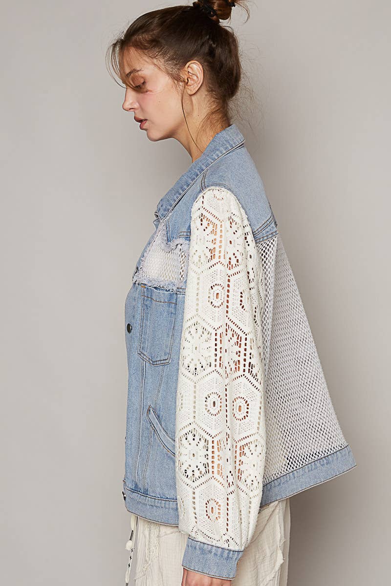 Oversize lace long sleeve crochet patches denim jacket-Shirt / Jacket-Pol Clothing-Stuffology - Where Vintage Meets Modern, A Boutique for Real Women in Crosbyton, TX