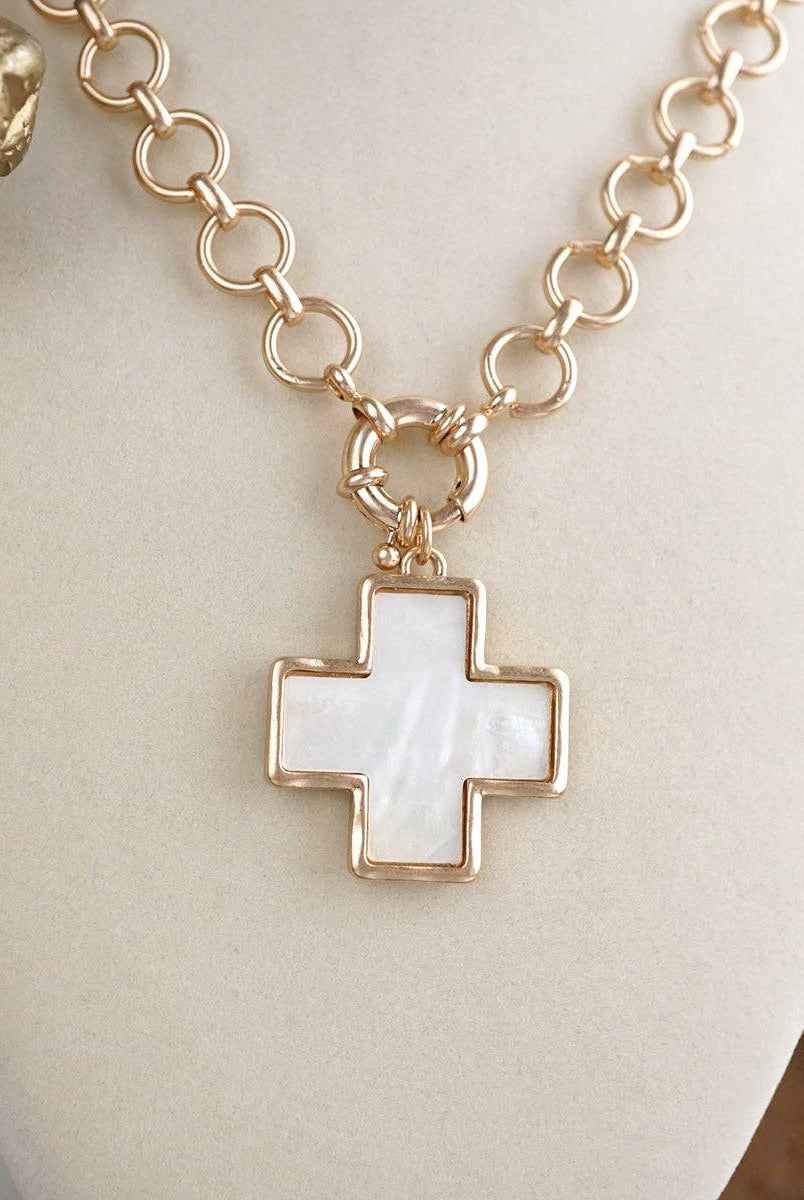 Luminous Cross – Mother of Pearl Charm Necklace-Necklaces-PennyLine inc-Stuffology - Where Vintage Meets Modern, A Boutique for Real Women in Crosbyton, TX