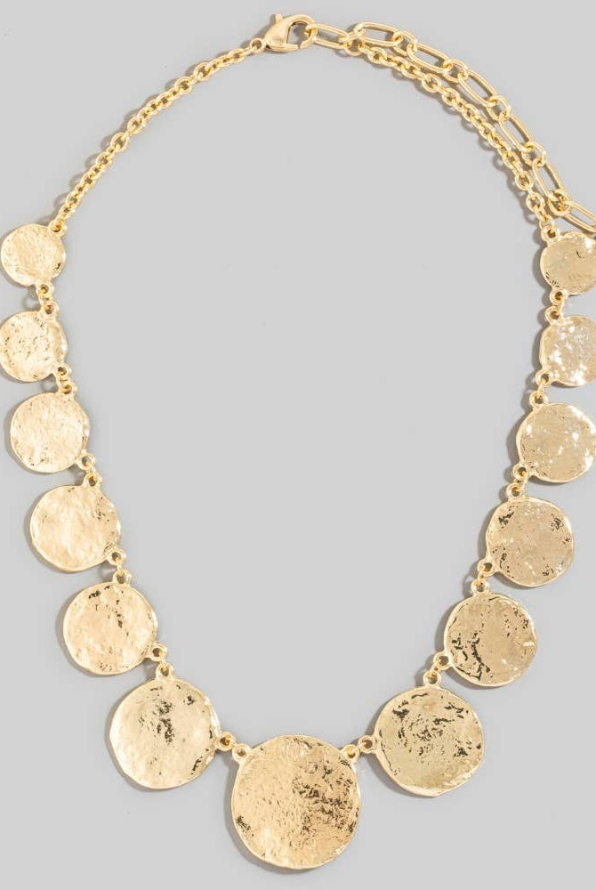 Large Textured Coins Statement Necklace-Necklaces-The Looks by Fame Accessories-Stuffology - Where Vintage Meets Modern, A Boutique for Real Women in Crosbyton, TX