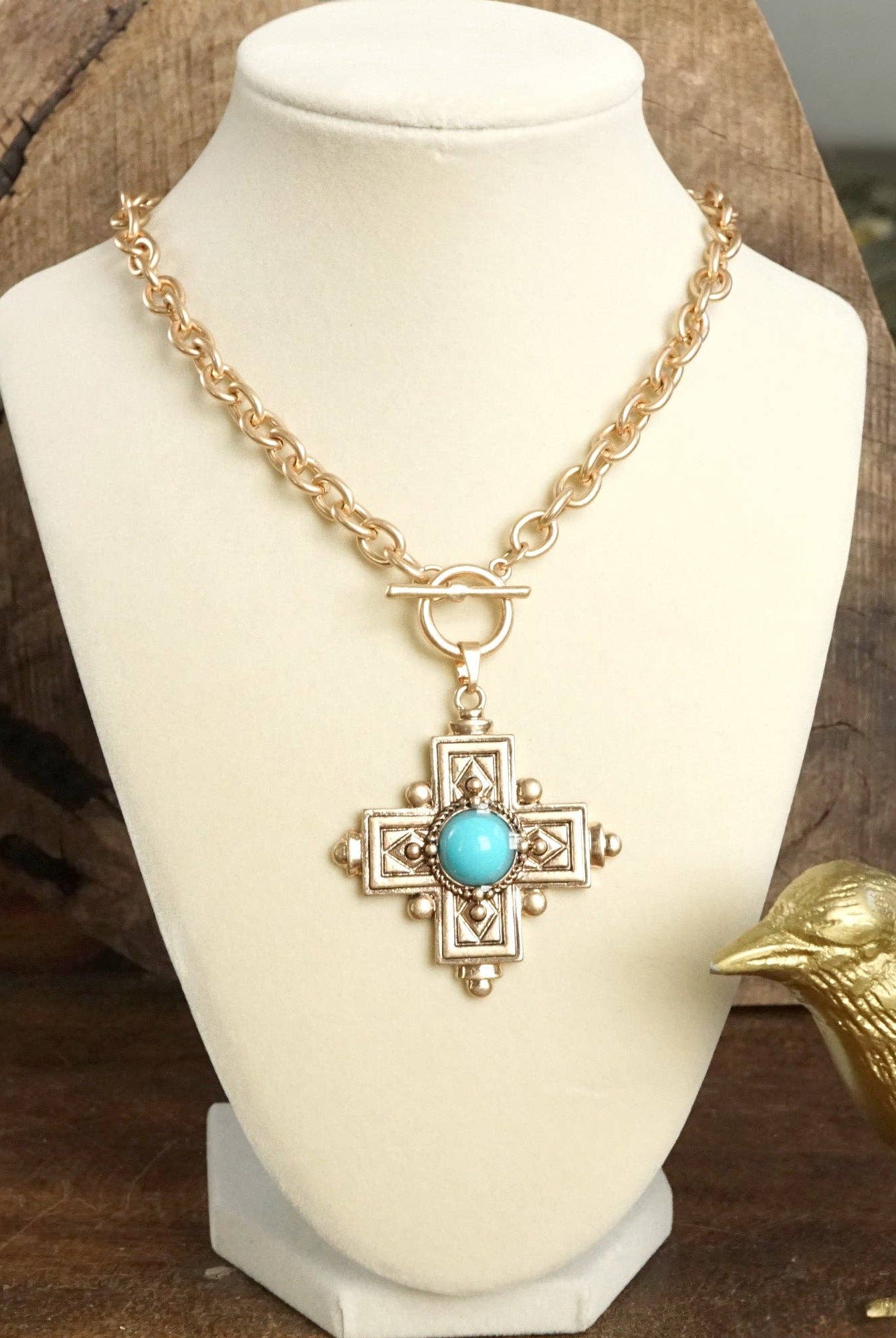 Decorative Cross Necklace Worn Gold or Silver Tone Front Toggle and Turquoise-Necklaces-PennyLine inc-Stuffology - Where Vintage Meets Modern, A Boutique for Real Women in Crosbyton, TX
