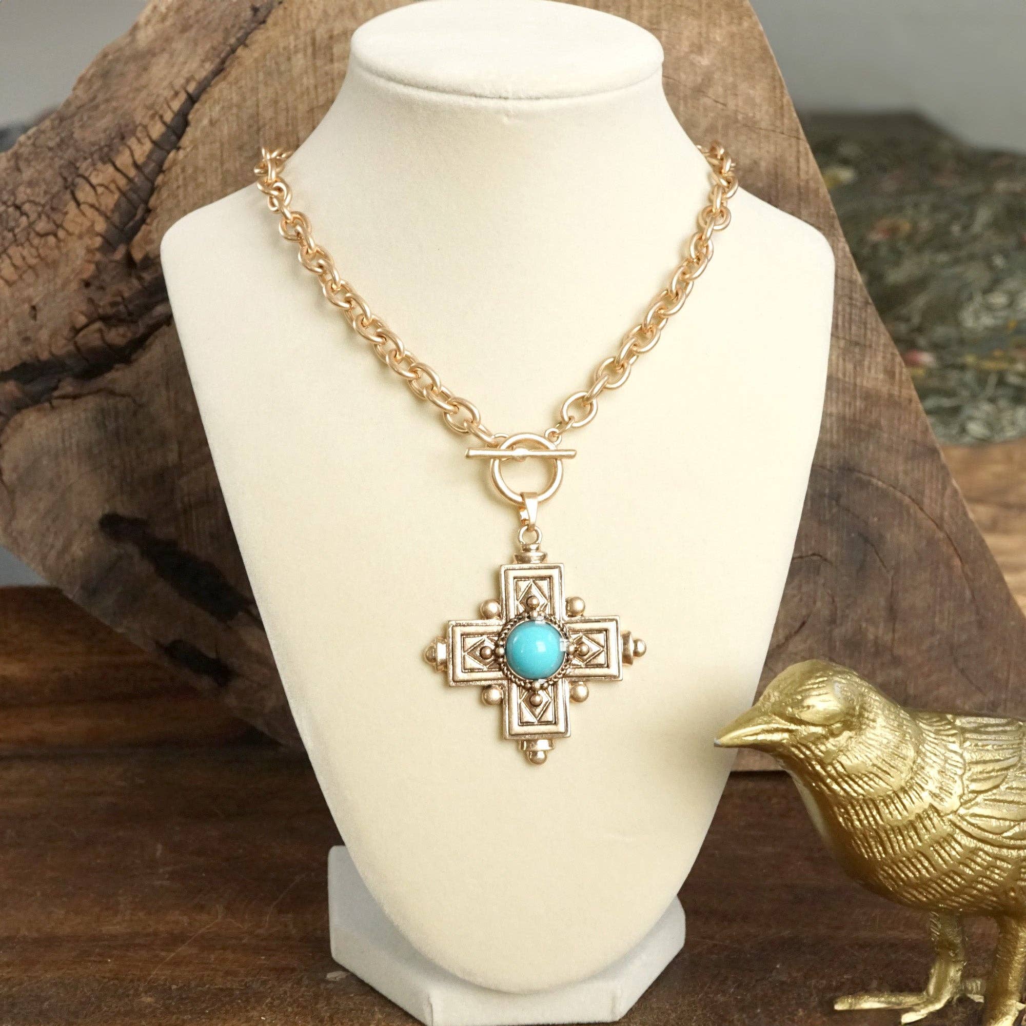Decorative Cross Necklace Worn Gold or Silver Tone Front Toggle and Turquoise-Necklaces-PennyLine inc-Stuffology - Where Vintage Meets Modern, A Boutique for Real Women in Crosbyton, TX