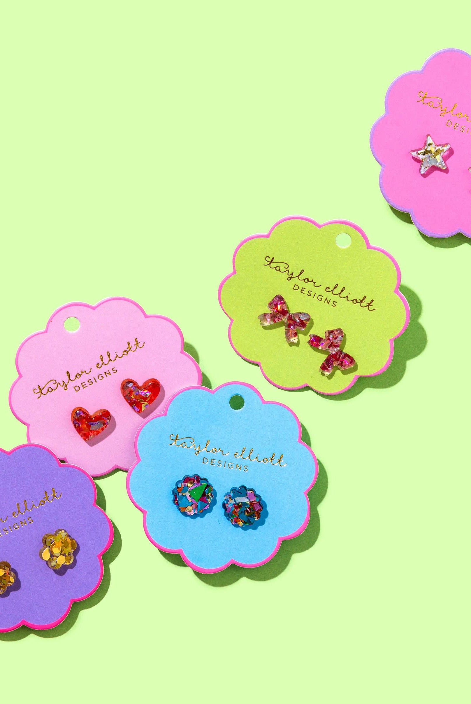 Stud Earrings - Acrylic Ribbon Bows - Pink + Silver Confetti-Earrings-Taylor Elliott Designs-Stuffology - Where Vintage Meets Modern, A Boutique for Real Women in Crosbyton, TX