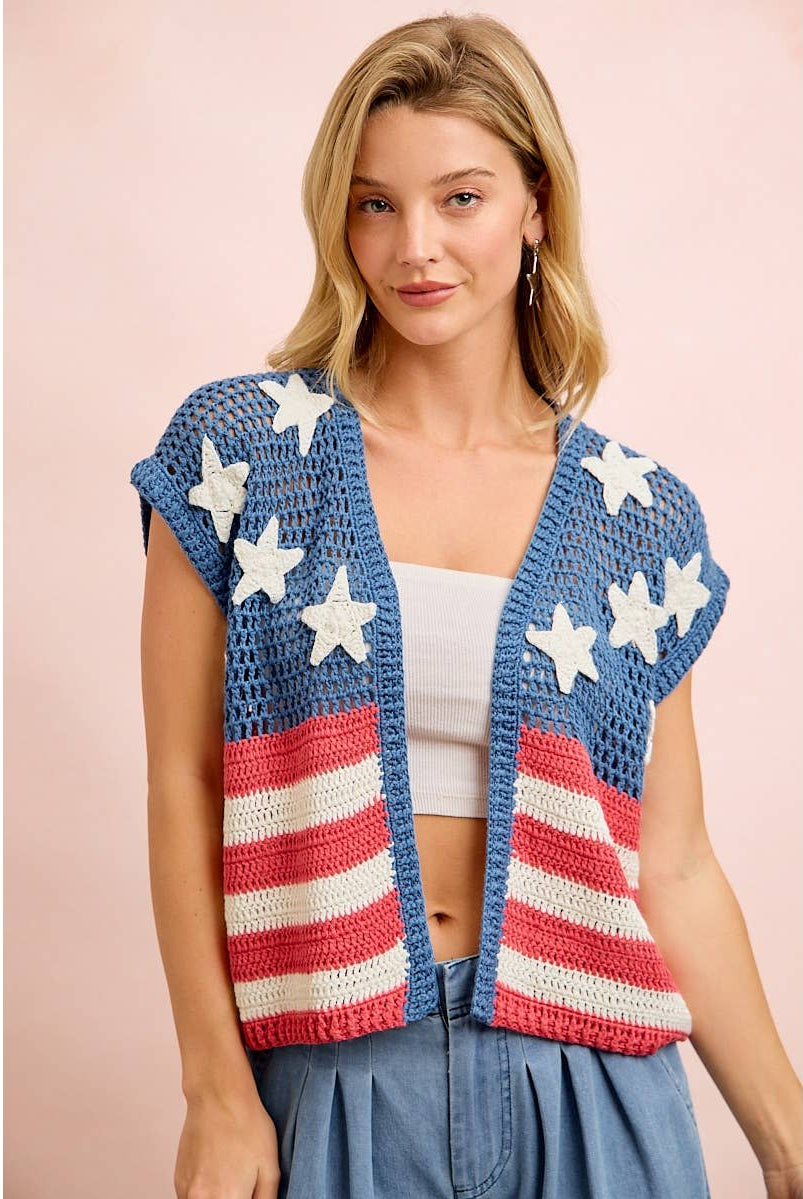 American Flag Short Sleeve Cardigan-Cardigan-BiBi-Stuffology - Where Vintage Meets Modern, A Boutique for Real Women in Crosbyton, TX