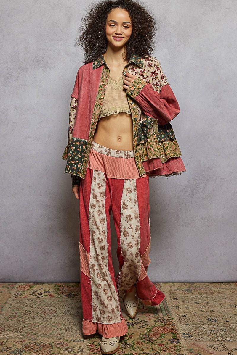 POL Clothing - Long sleeve double gauze patchwork shirred ruffle shirts-Pol Clothing-Stuffology - Where Vintage Meets Modern, A Boutique for Real Women in Crosbyton, TX