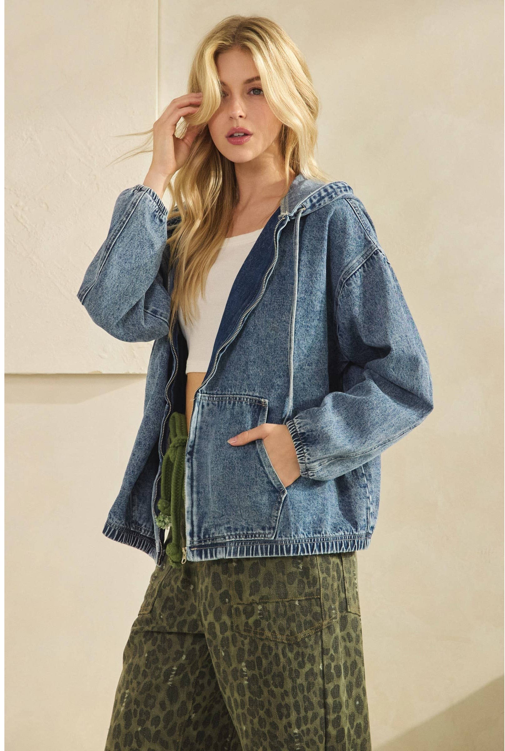 VINTAGE WASH DENIM ZIP-UP HOODIE JACKET-Denim Jacket-Sage + Fig-Stuffology - Where Vintage Meets Modern, A Boutique for Real Women in Crosbyton, TX