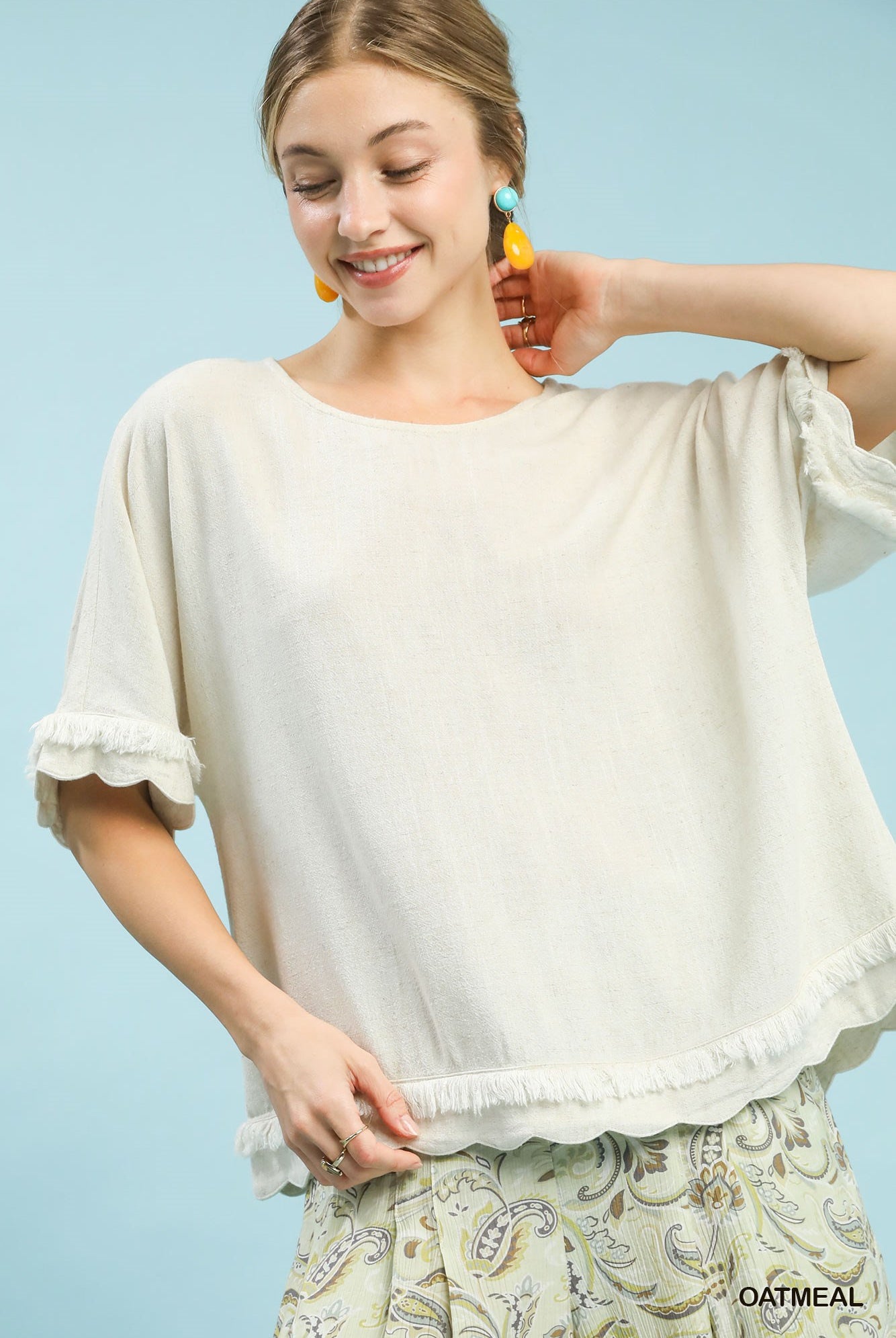 Linen Frayed Hem Scallop Edge Top-Blouse-Umgee-Stuffology - Where Vintage Meets Modern, A Boutique for Real Women in Crosbyton, TX