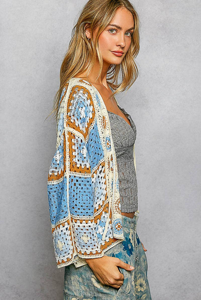 Granny Square 3/4 Sleeve Crochet Cardigan Top-Cardigan-Pol Clothing-Stuffology - Where Vintage Meets Modern, A Boutique for Real Women in Crosbyton, TX