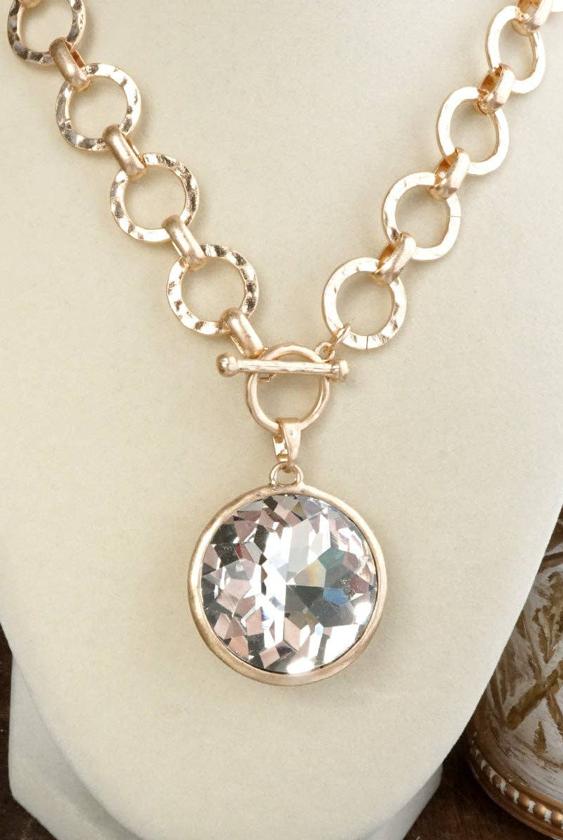 Gilded Radiance – Chunky Ring Chain Necklace with Sparkly Crystal-necklace-PennyLine inc-Stuffology - Where Vintage Meets Modern, A Boutique for Real Women in Crosbyton, TX