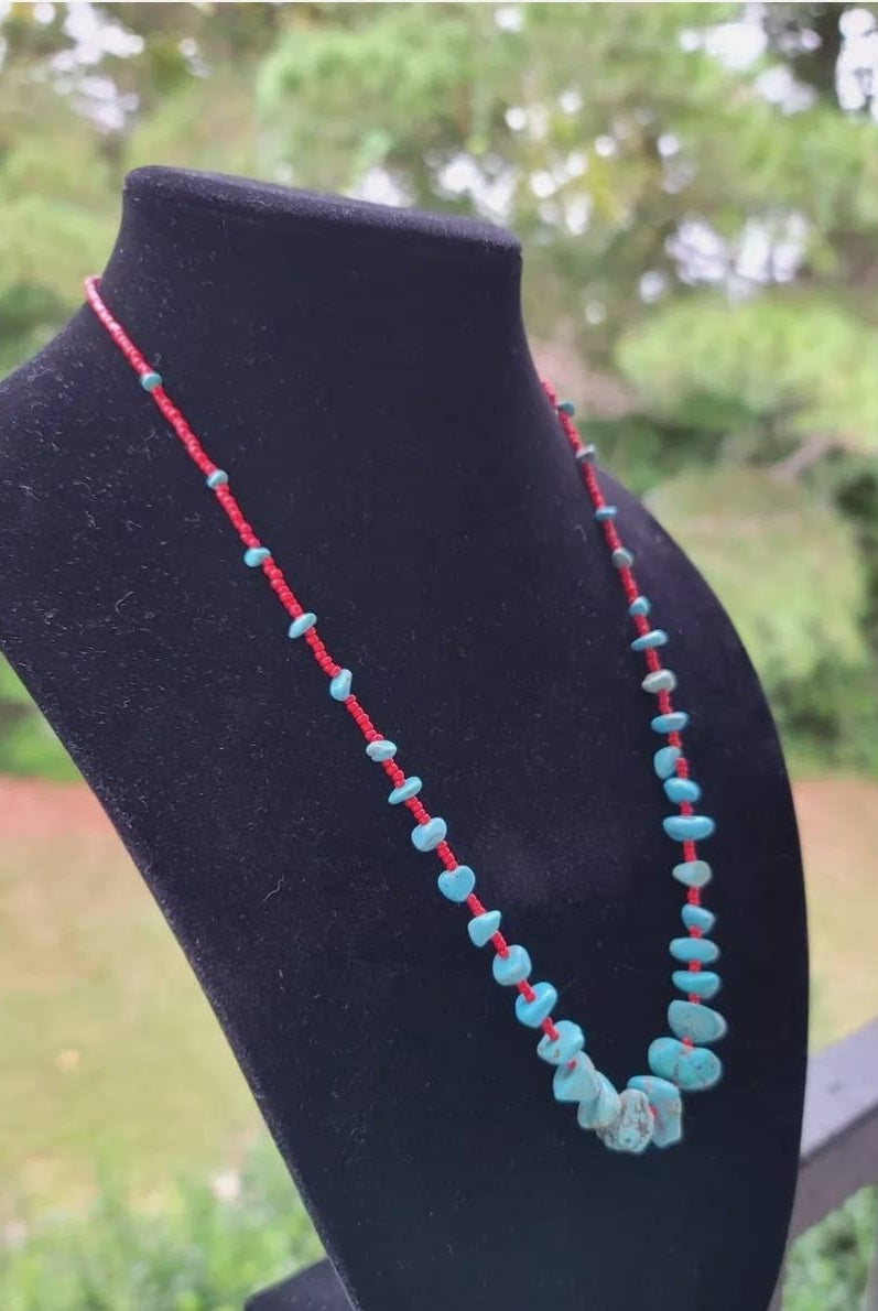 Turquoise red seed bead necklace Native American handmade-Necklaces-Horse Spirit Studio-Stuffology - Where Vintage Meets Modern, A Boutique for Real Women in Crosbyton, TX