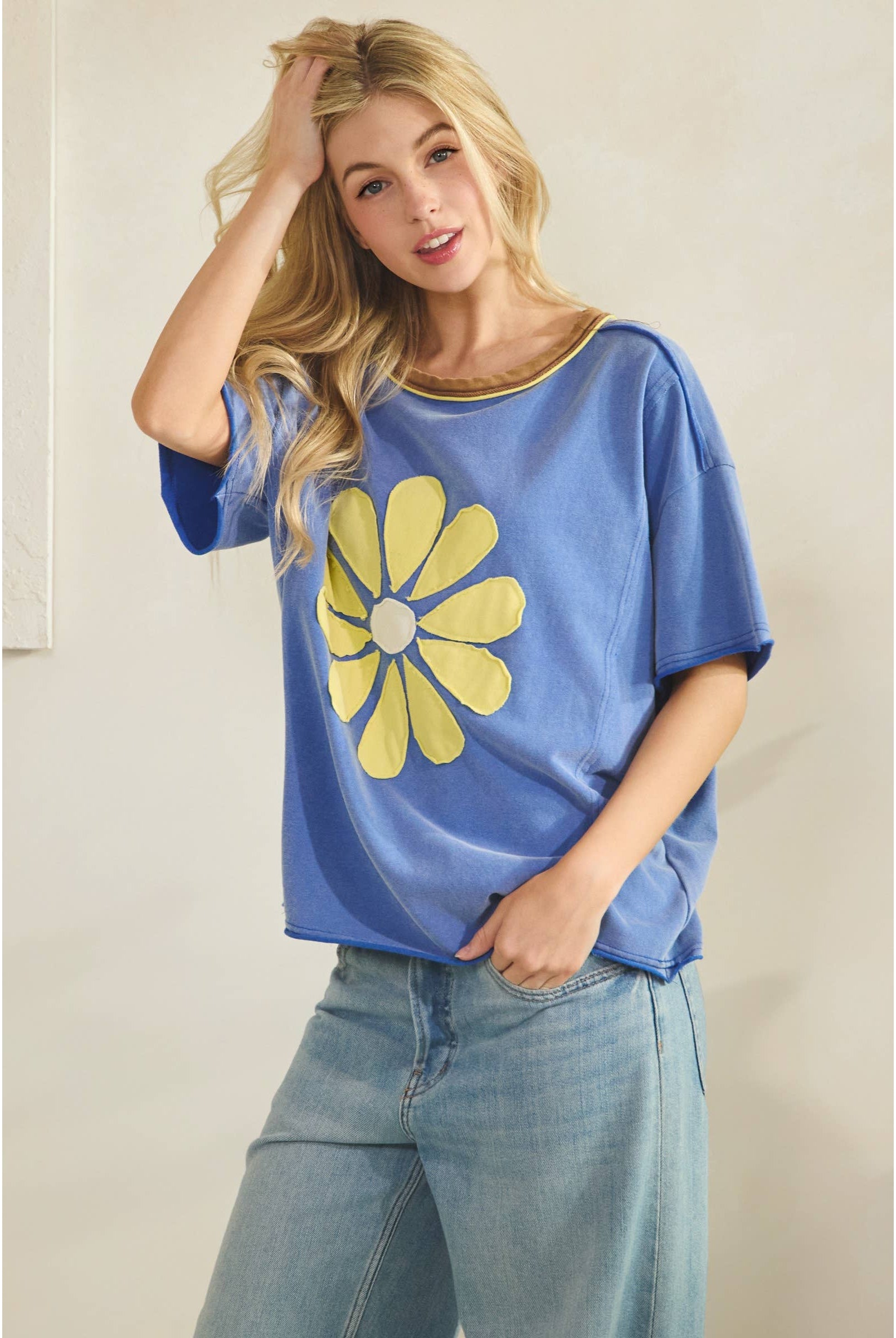 Daisy Applique Tee-Vintage Wash Tee-Sage + Fig-Stuffology - Where Vintage Meets Modern, A Boutique for Real Women in Crosbyton, TX