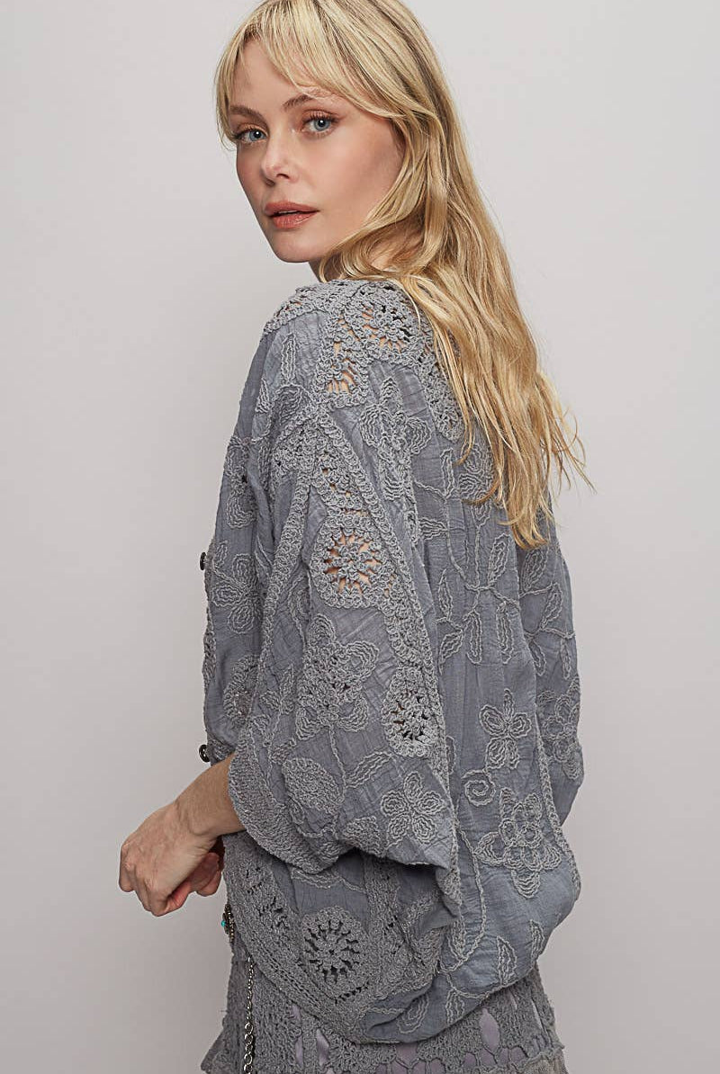 V-neck crochet woven roomy fit cardigan top-Gauze Cardigan-Pol Clothing-Stuffology - Where Vintage Meets Modern, A Boutique for Real Women in Crosbyton, TX