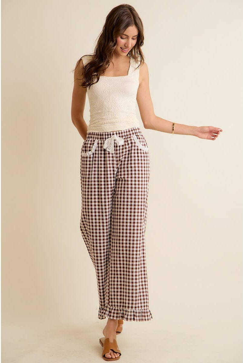 GINGHAM LACE RUFFLED PULL ON PANTS-So Me-Stuffology - Where Vintage Meets Modern, A Boutique for Real Women in Crosbyton, TX