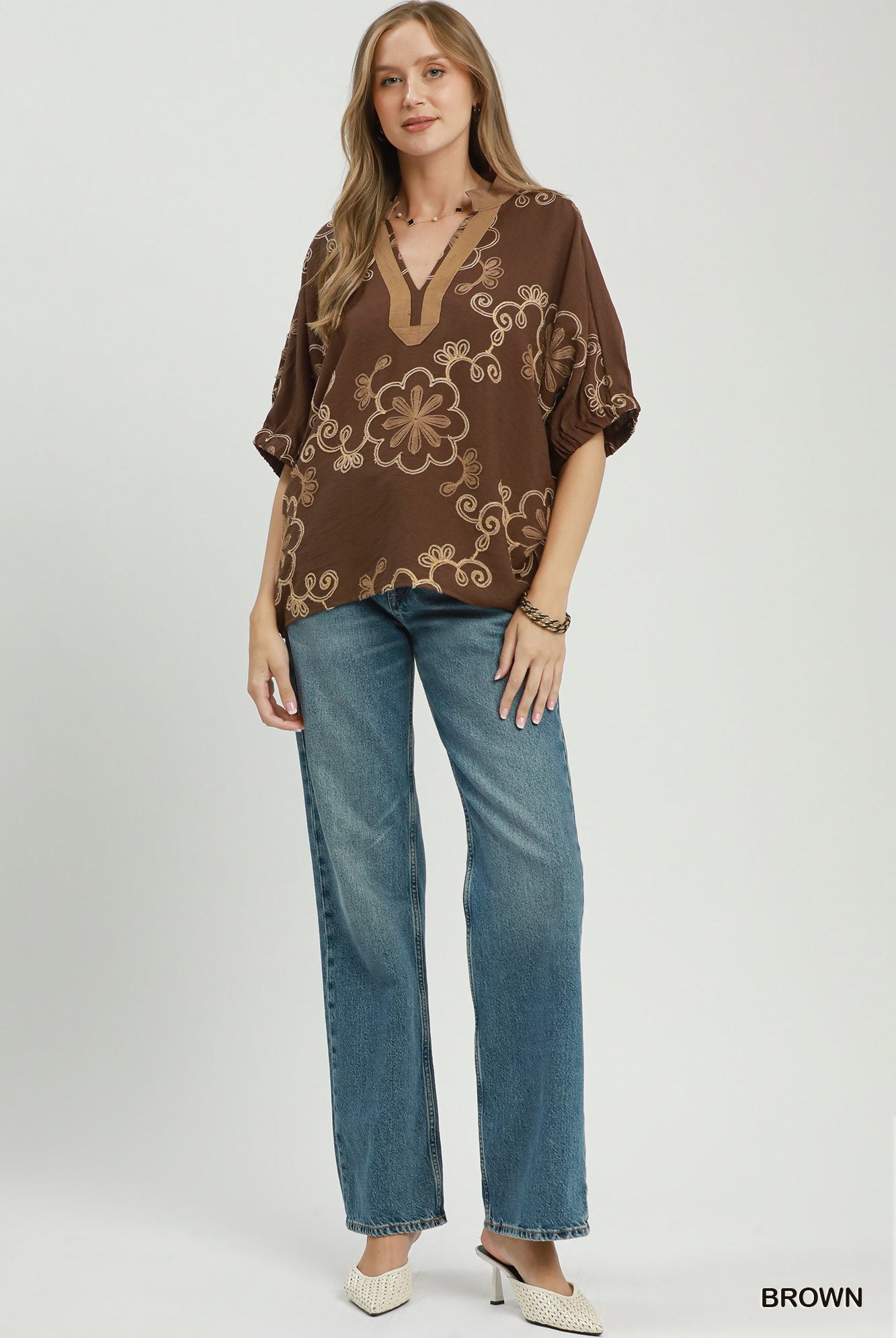 Floral Embroidered Split Neck Blouse-Blouse-Umgee-Stuffology - Where Vintage Meets Modern, A Boutique for Real Women in Crosbyton, TX