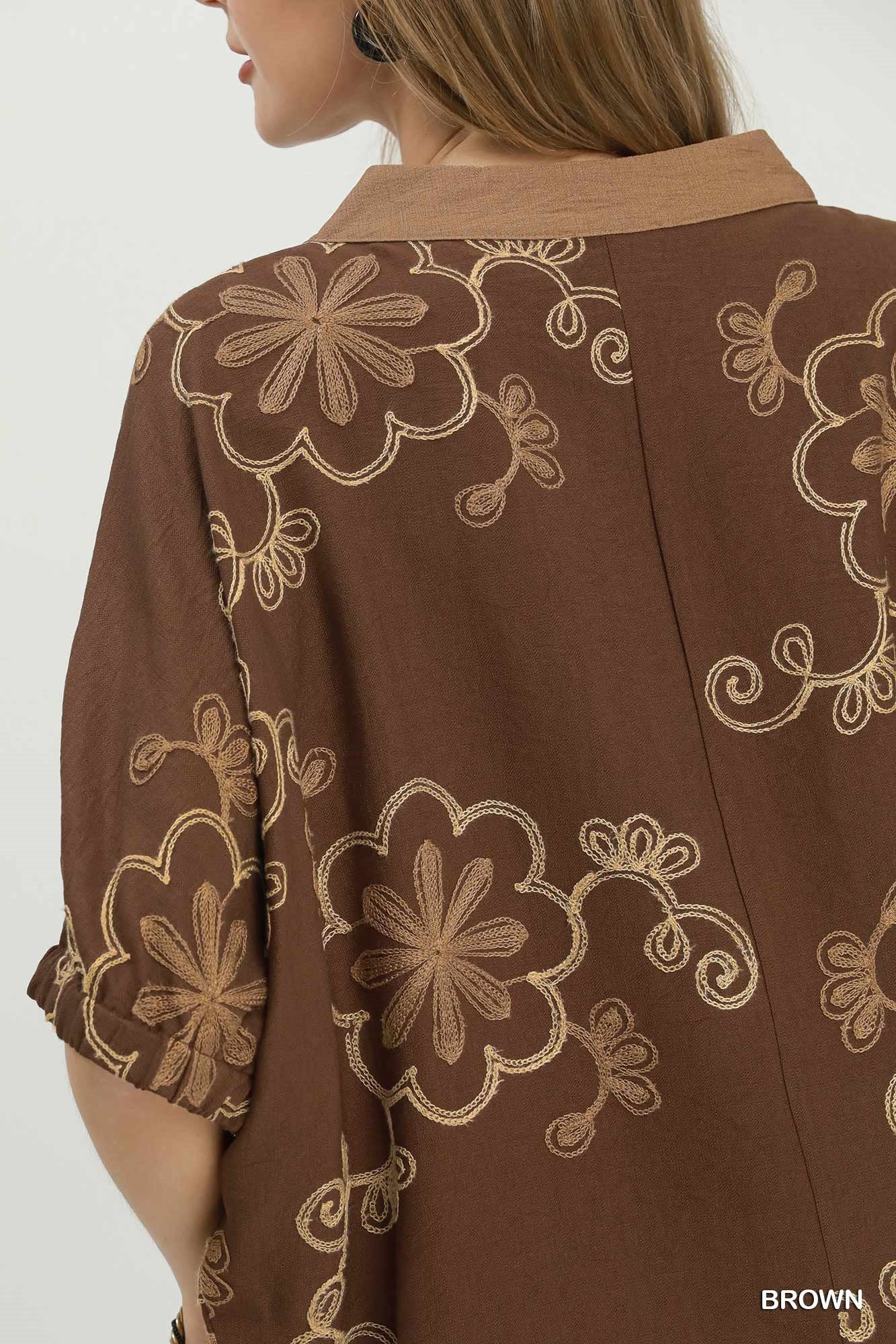 Floral Embroidered Split Neck Blouse-Blouse-Umgee-Stuffology - Where Vintage Meets Modern, A Boutique for Real Women in Crosbyton, TX