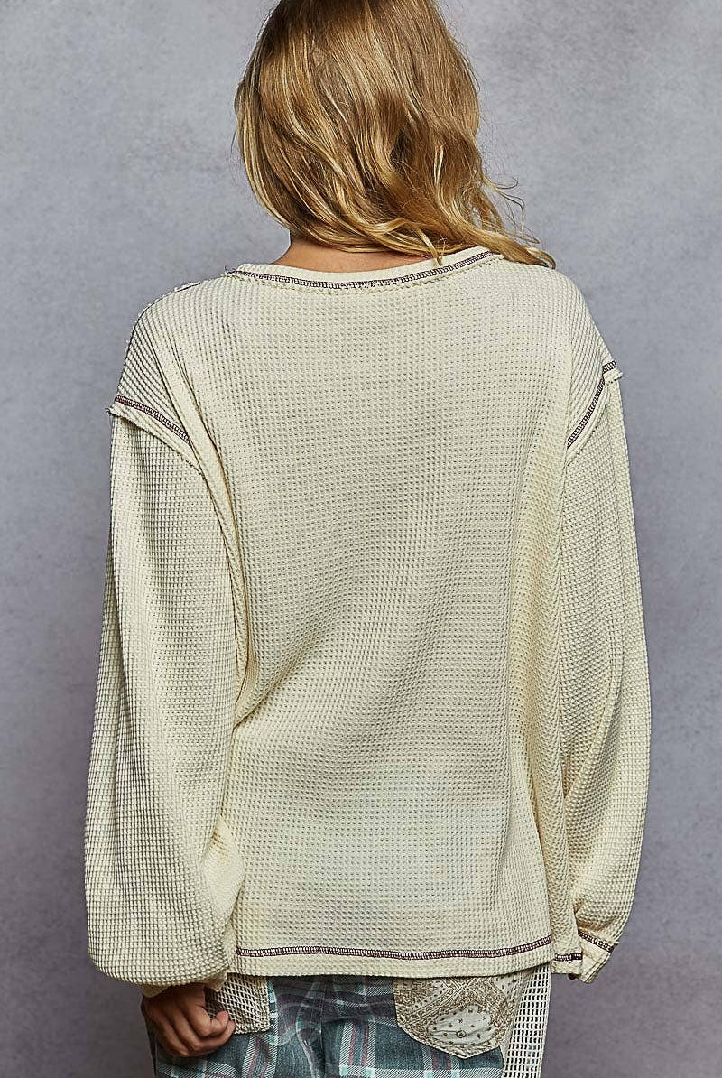 Long sleeve round neck star patch thermal knit top-Pullover Top-Pol Clothing-Stuffology - Where Vintage Meets Modern, A Boutique for Real Women in Crosbyton, TX