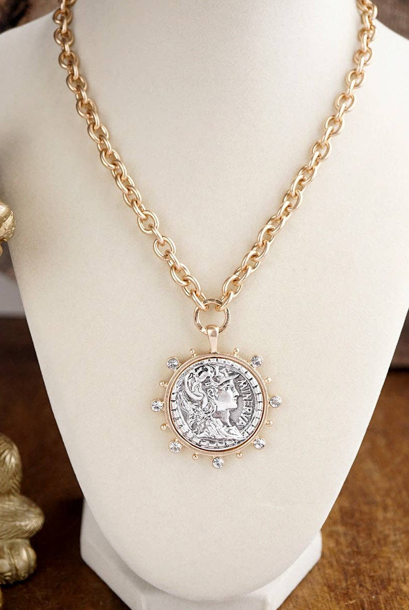 Radiant Relic – Coin Medallion Necklace with Crystal Halo-Necklaces-PennyLine inc-Stuffology - Where Vintage Meets Modern, A Boutique for Real Women in Crosbyton, TX