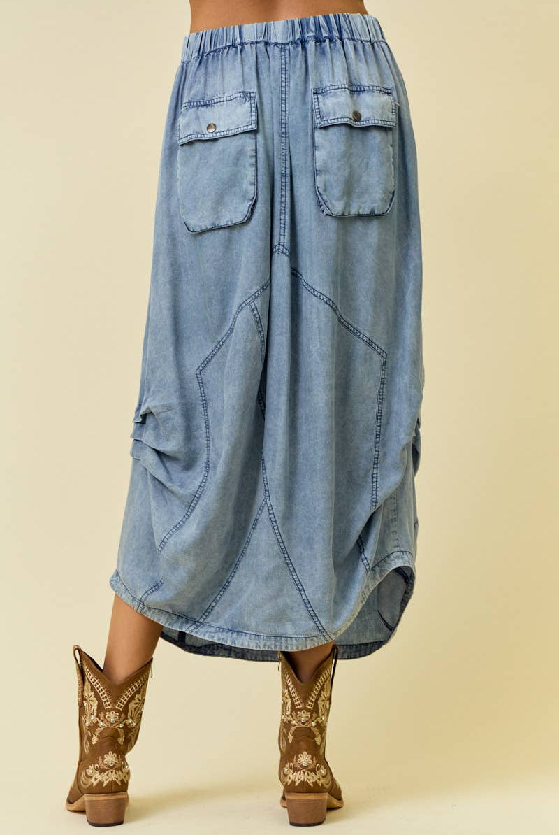 DENIM SIDE TUCK DETAIL MIDI SKIRT-Skirts-Doe and Rae-Stuffology - Where Vintage Meets Modern, A Boutique for Real Women in Crosbyton, TX