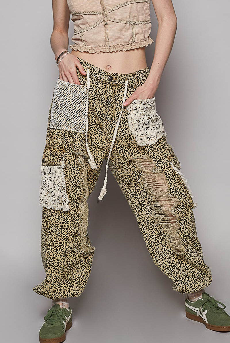 POL Clothing Sand Leopard Vintage Wash Crochet Patch Distressed Jogger Pants-Pants-Pol Clothing-Stuffology - Where Vintage Meets Modern, A Boutique for Real Women in Crosbyton, TX