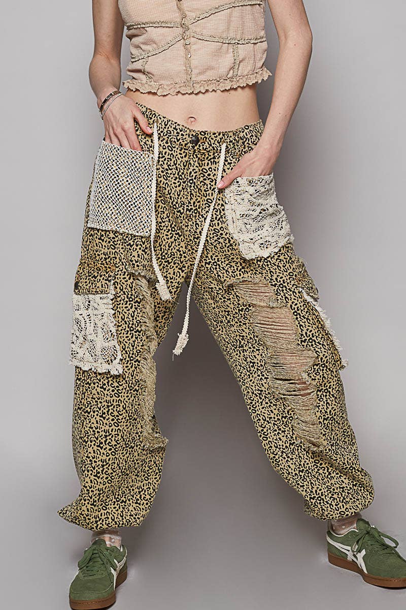 POL Clothing Sand Leopard Vintage Wash Crochet Patch Distressed Jogger Pants-Pants-Pol Clothing-Stuffology - Where Vintage Meets Modern, A Boutique for Real Women in Crosbyton, TX