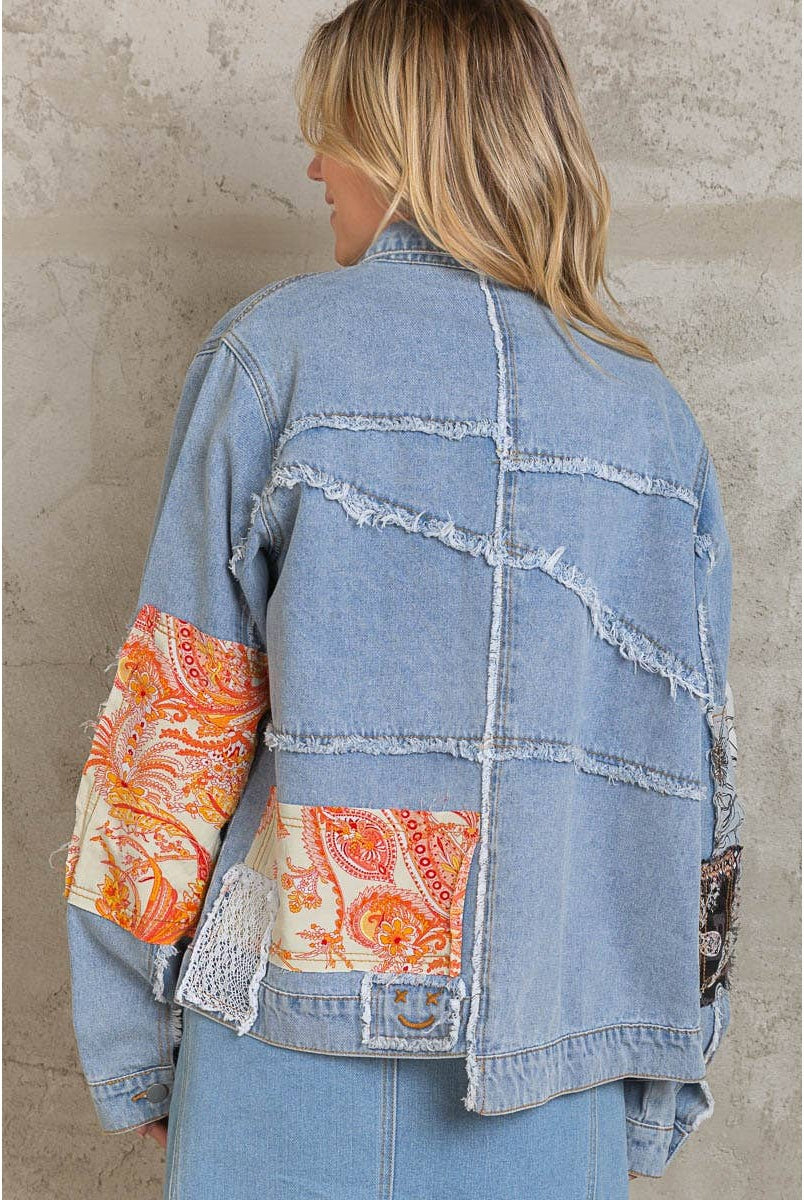 Distressed Outseam Patch Detail Button Down Denim Jacket /Stuffology Boutique-Jackets-Pol Clothing-Stuffology - Where Vintage Meets Modern, A Boutique for Real Women in Crosbyton, TX