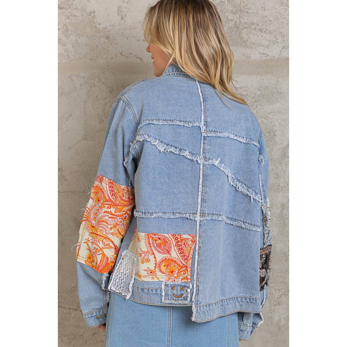 Distressed Outseam Patch Detail Button Down Denim Jacket /Stuffology Boutique-Jackets-Pol Clothing-Stuffology - Where Vintage Meets Modern, A Boutique for Real Women in Crosbyton, TX