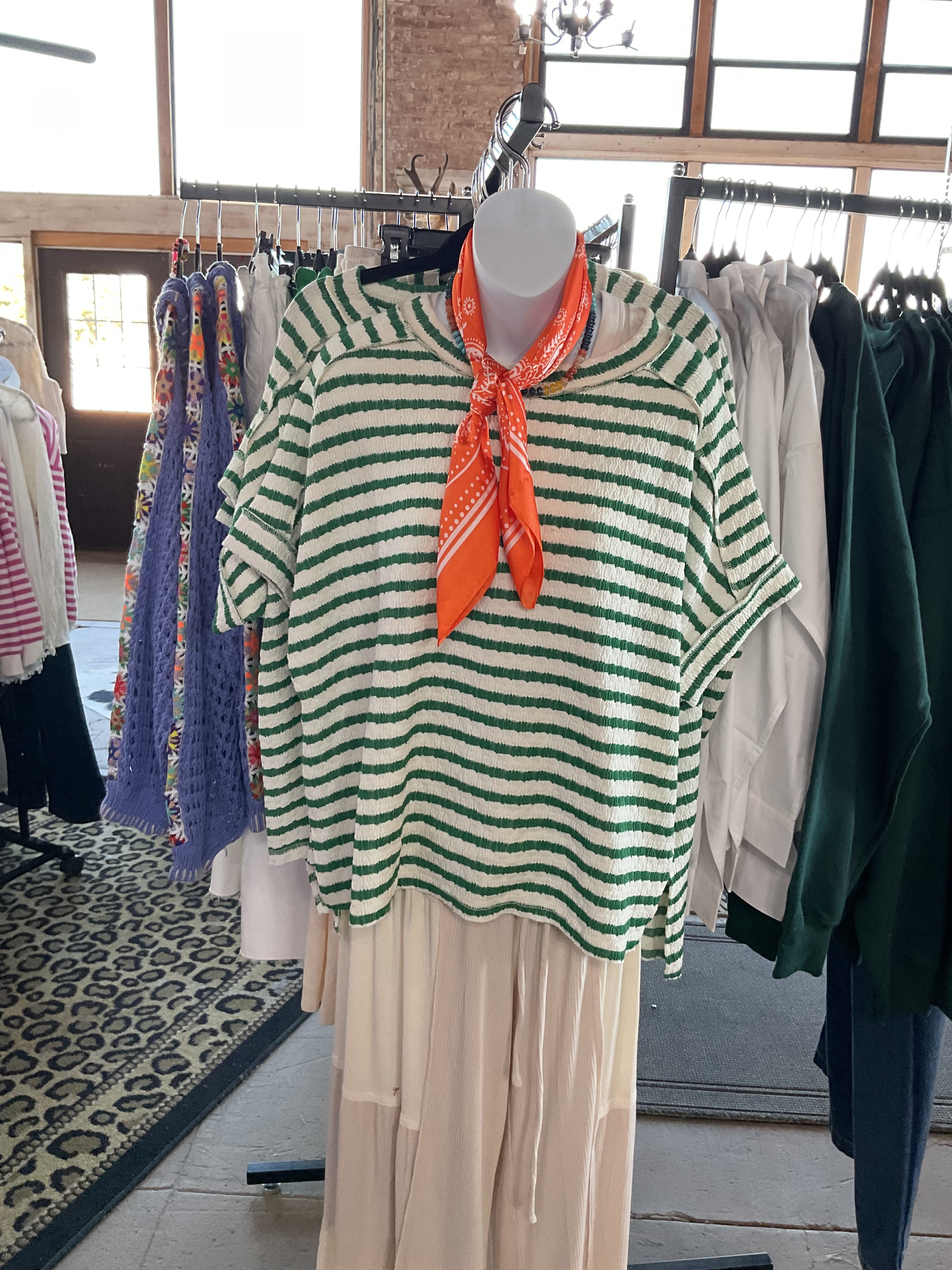 Stripe Jacquard Round-Neck Box Tee-Tops-Zenana-Stuffology - Where Vintage Meets Modern, A Boutique for Real Women in Crosbyton, TX