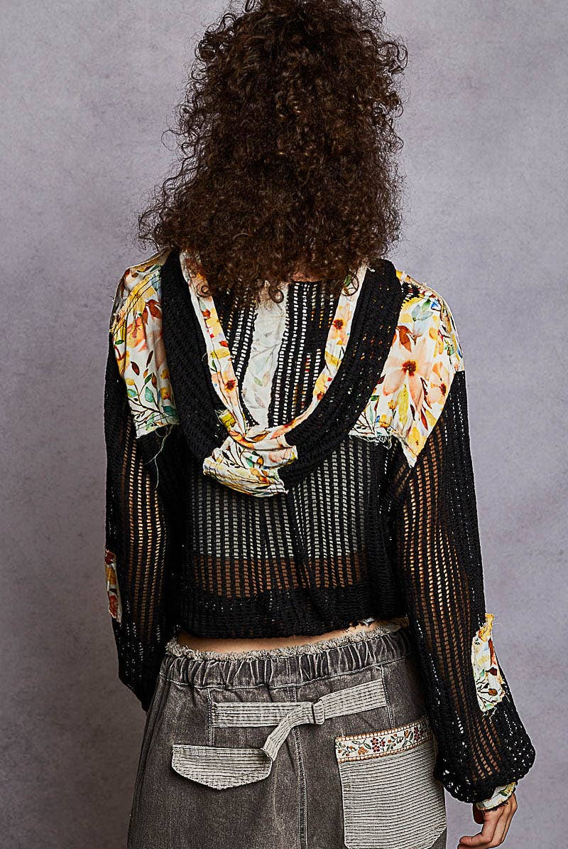 Vintage washed Black Floral Print Patch Crochet Jacket-Jackets-Pol Clothing-Stuffology - Where Vintage Meets Modern, A Boutique for Real Women in Crosbyton, TX