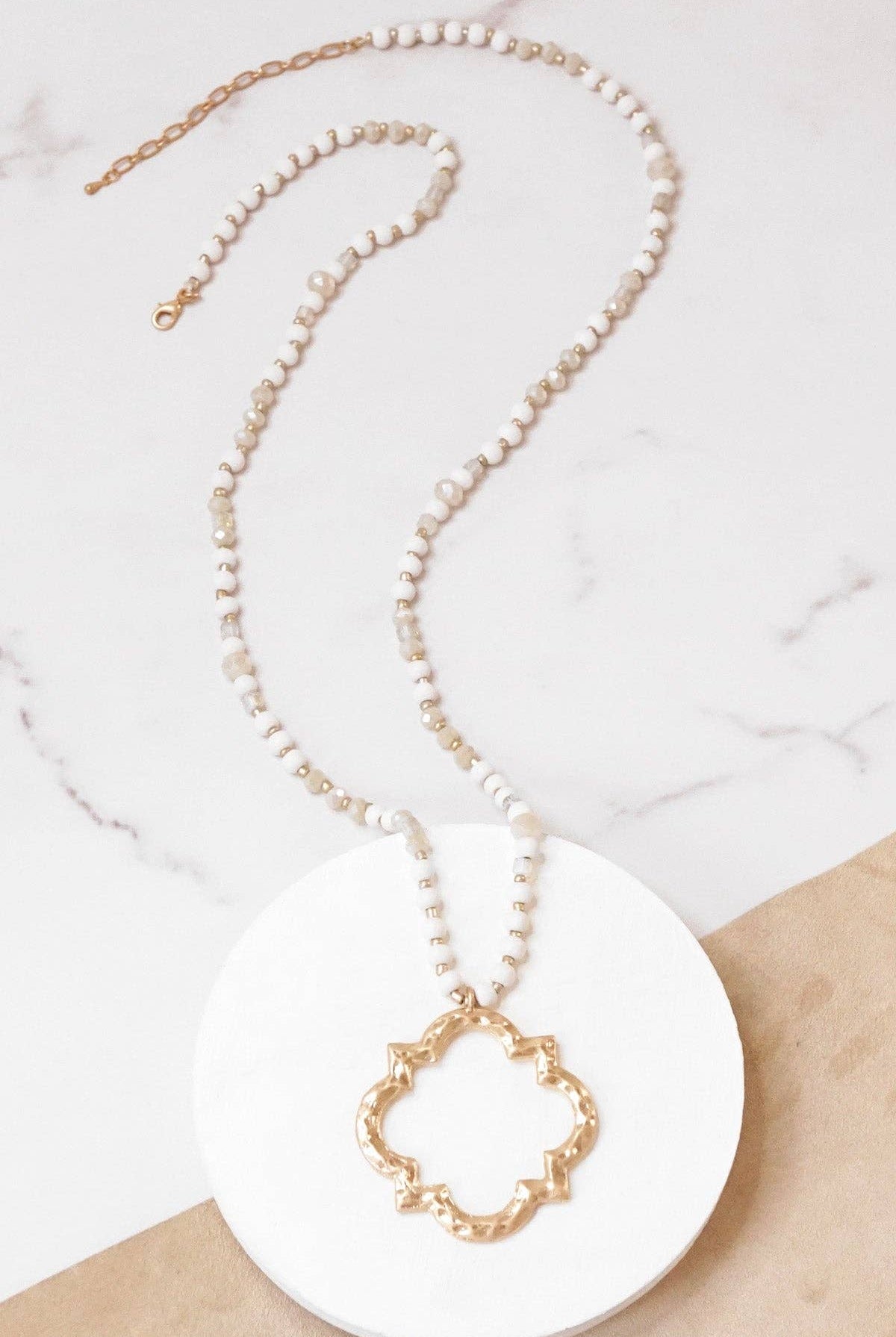 Long Wooden Bead Necklace with Clover Quatrefoil gold pendant - Ivory Cream-PennyLine inc-Stuffology - Where Vintage Meets Modern, A Boutique for Real Women in Crosbyton, TX