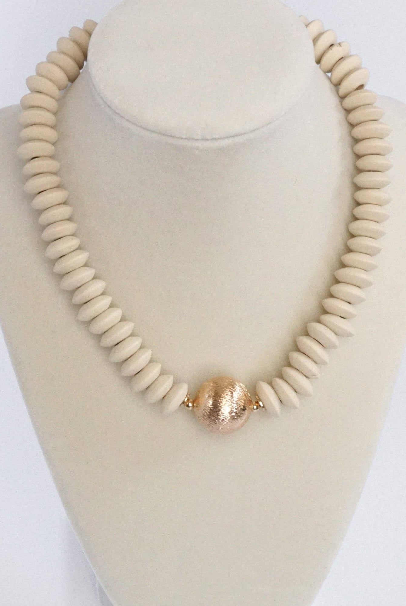 Wood Saucer Beads Short Statement Necklace Gold center Hot Pink Beige Turquoise-Necklaces-PennyLine inc-Stuffology - Where Vintage Meets Modern, A Boutique for Real Women in Crosbyton, TX