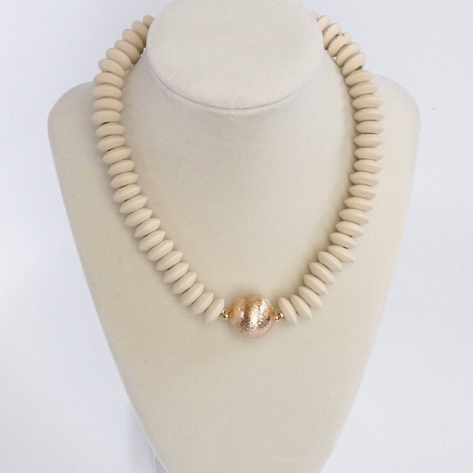 Wood Saucer Beads Short Statement Necklace Gold center Hot Pink Beige Turquoise-Necklaces-PennyLine inc-Stuffology - Where Vintage Meets Modern, A Boutique for Real Women in Crosbyton, TX